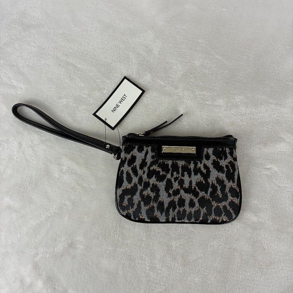 Nine West Glitter Mob Wristlet Clutch Gray Black Leopard Animal Print Glam Mob